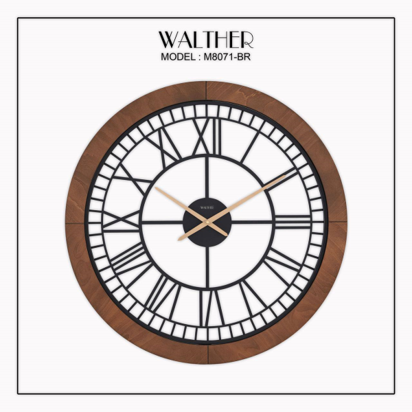 ساعت دیواری  والتر Walther کد 8071 | ساعت دیواری سایز 80 با موتور آرامگرد، ترکیب چوب و فلز در متریال ساعت، دارای طراحی مدرن و بدنه چوبی، رنگ قهوه ای تیره