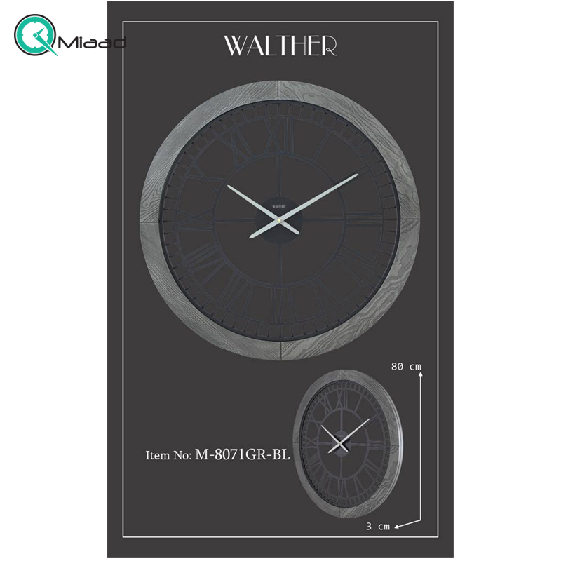 ساعت دیواری والتر Walther کد 8071 | ساعت دیواری سایز 80 با موتور آرامگرد، ترکیب چوب و فلز در متریال ساعت، دارای طراحی مدرن و بدنه چوبی، رنگ خاکستری