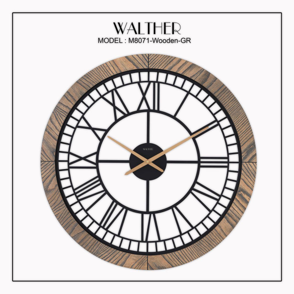 ساعت دیواری  والتر Walther کد 8071 | ساعت دیواری سایز 80 با موتور آرامگرد، ترکیب چوب و فلز در متریال ساعت، دارای طراحی مدرن و بدنه چوبی، رنگ قهوه ای روشن