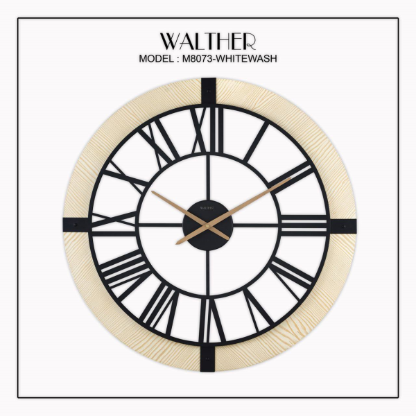 ساعت دیواری والتر Walther کد 8073 | ساعت دیواری سایز 80 با موتور آرامگرد، ترکیب چوب و فلز در متریال ساعت، دارای طراحی مدرن و بدنه چوبی، رنگ وایت واش