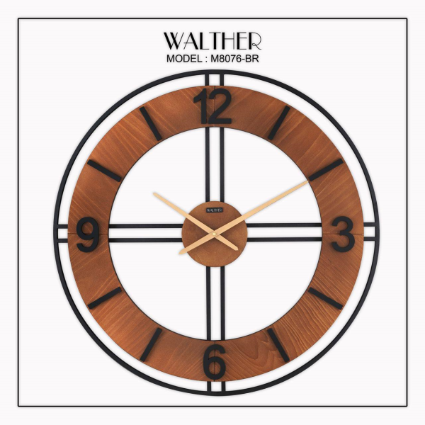 ساعت دیواری  والتر Walther کد 8076 | ساعت دیواری سایز 80 با موتور آرامگرد، ترکیب چوب و فلز در متریال ساعت، دارای طراحی مدرن و بدنه چوبی و اعداد لاتین، رنگ قهوه ای