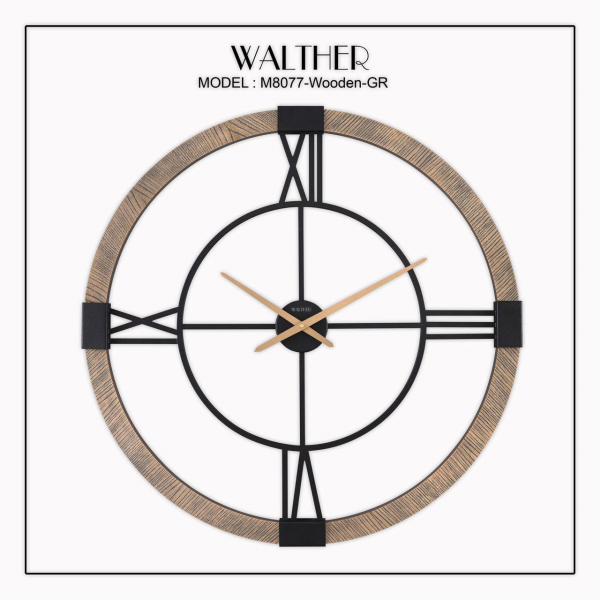 ساعت دیواری  والتر Walther کد 8077 | ساعت دیواری سایز 80 با موتور آرامگرد، ترکیب چوب و فلز در متریال ساعت، دارای طراحی مدرن و بدنه چوبی، رنگ قهوه ای روشن
