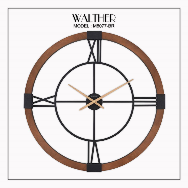 ساعت دیواری  والتر Walther کد 8077 | ساعت دیواری سایز 80 با موتور آرامگرد، ترکیب چوب و فلز در متریال ساعت، دارای طراحی مدرن و بدنه چوبی، رنگ قهوه ای تیره