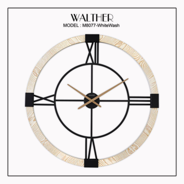 ساعت دیواری  والتر Walther کد 8077 | ساعت دیواری سایز 80 با موتور آرامگرد، ترکیب چوب و فلز در متریال ساعت، دارای طراحی مدرن و بدنه چوبی، رنگ وایت واش