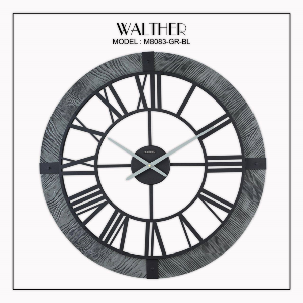ساعت دیواری  والتر Walther کد 8073| ساعت دیواری سایز 80 با موتور آرامگرد، ترکیب چوب و فلز در متریال ساعت، دارای طراحی مدرن و بدنه چوبی، رنگ طوسی