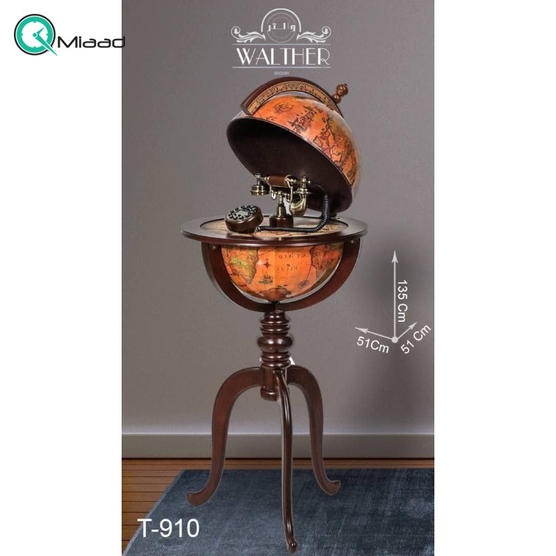 تلفن پایه دار چوبی ميز كره والتر، تلفن آنتیک نوستالژی طرح نقشه کره زمین مناسب دکوراسیون خانه و محیط کار | مدل 910 قهوه ای تلفن کلاسیک