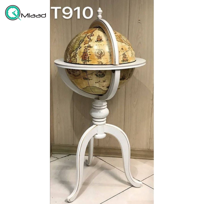 تلفن پایه دار چوبی ميز كره والتر مدل 910، تلفن آنتیک نوستالژی طرح نقشه کره زمین مناسب دکوراسیون خانه و محیط کار، رنگ سفید تلفن کلاسیک