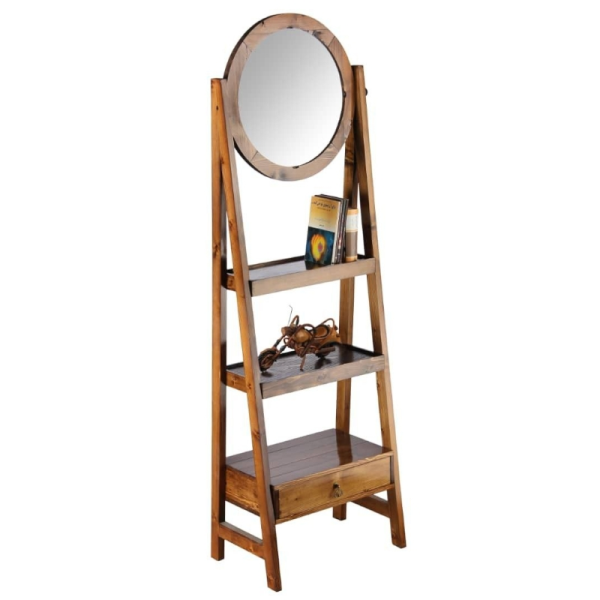 آینه طبقاتی چوبی با کد 2392، آینه بسیار زیبا با قاب چوبی روسی، دارای یک کشو و طبقاتی برای نگه داری وسایل مختلف مثل کتاب، رنگ گردویی