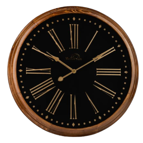 ساعت دیواری وودسان، ساعت دیواری ساخته شده با چوب طبیعی روس سبک کلاسیک، مدل والنسیا، اعداد یونانی و صفحه مشکی و جزییات طلایی، سایز 50