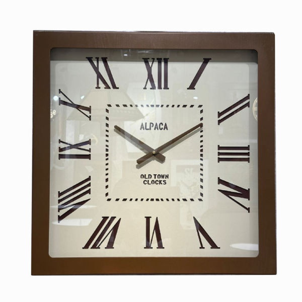  ساعت دیواری چوبی آلپاکا Alpaca کد AL23 عدد رومی، ساعت دیواری مربع کرم قهوه ای سایز 60 و موتور آرامگرد، ساعت دیواری با صفحه خاص و زیبا