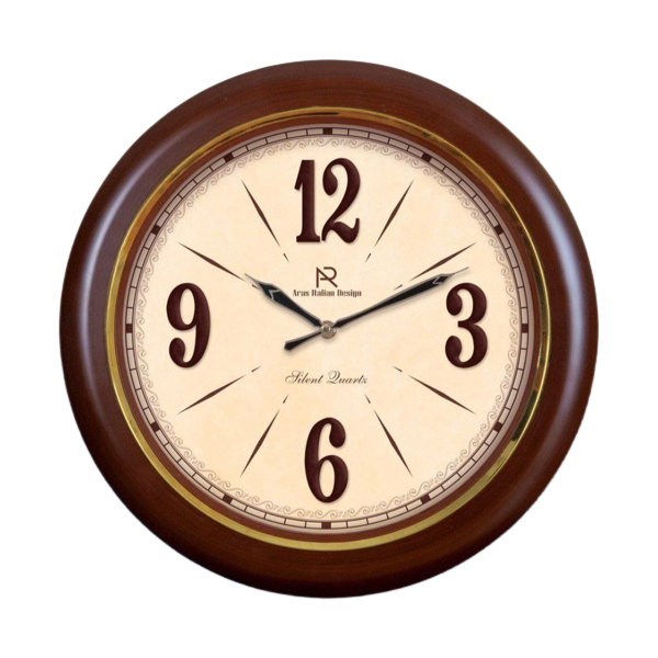 ساعت دیواری چوبی ارس، ساعت دیواری قطر 40 با فریم طلایی و اعداد برجسته | رنگ فندوقی مدل 4025