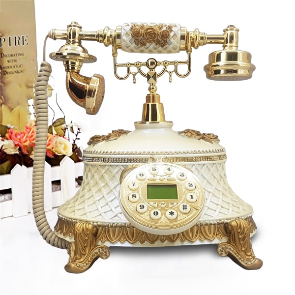 تلفن رومیزی آرنوس، تلفن سلطنتی سبک قدیمی دست‌ساز با گل های برجسته طلایی، تلفن دکوری شیک کلاسیک دارای کالر آیدی | رنگ کرم طلایی مدل 920