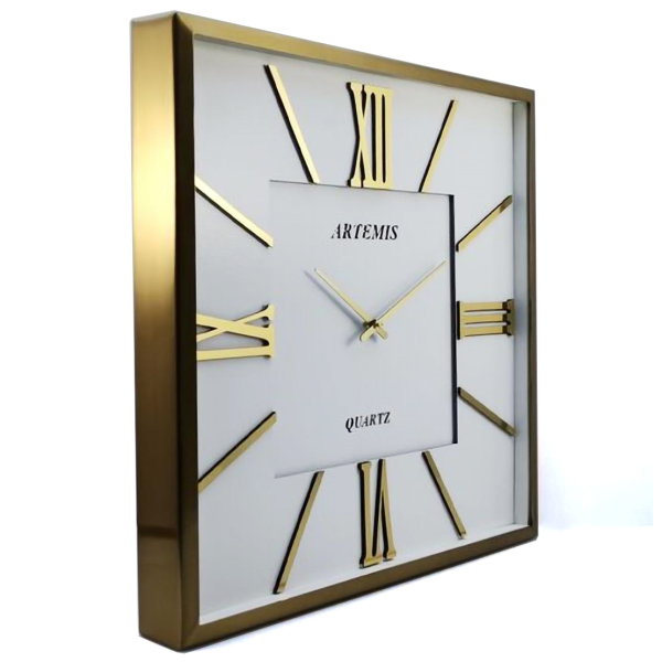 ساعت دیواری فلزی آرتمیس، ساعت دیواری مربع فلزی و آبکاری شده سایز 50 رنگ طلایی صفحه سفید مدل 2026