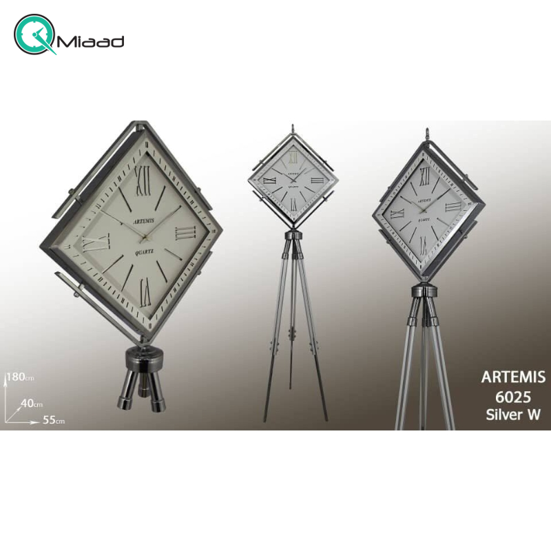 ساعت ایستاده آرتمیس مدل 2065، ساعت سالنی تمام فلزی با آبکاری فورتیک، دارای سه پایه مخصوص، موتور آرامگرد تایوانی و دارای چهار رنگ، رنگ نقره ای صفحه سفید  ساعت کنارسالنی