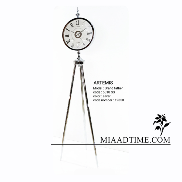 ساعت ایستاده آرتمیس، ساعت سالنی با آبکاری فورتیک، دارای سه پایه، موتور آرامگرد تایوانی و دارای دو رنگ، رنگ نقره ای| مدل 5010