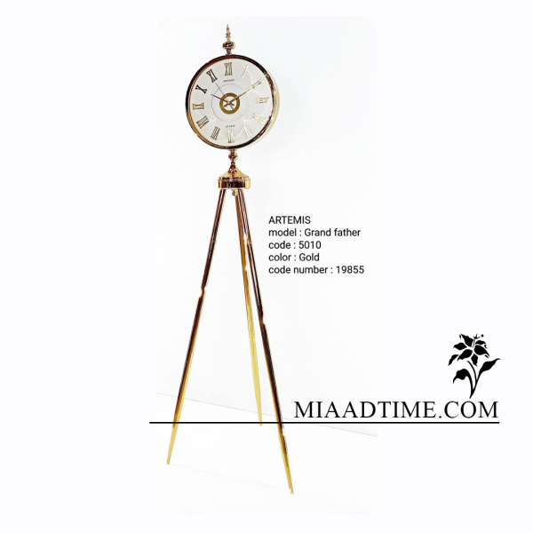 ساعت ایستاده آرتمیس، ساعت سالنی با آبکاری فورتیک، دارای سه پایه، موتور آرامگرد تایوانی و دارای دو رنگ، رنگ طلایی| مدل 5010