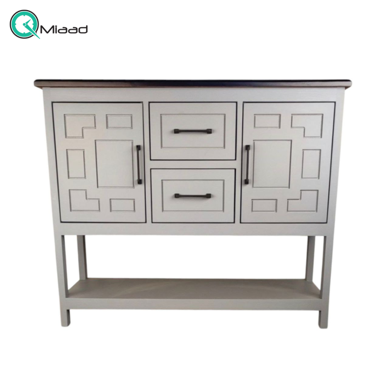 میز کنسول چوبی مشبک مدل KO03021، کنسول 120 کلاسیک طوسی رنگ با متریال طبیعی چوب مقاوم، دارای دو کشو و دو فضا برای نگهداری و سازماندهی وسایل و عناصر مورد نیاز میز آینه