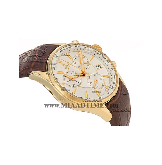 ساعت ویولت Violet زنانه کرنوگراف گرد چرمی طلایی صفحه سفید کد 0358/2L ساعت مچي زنانه
