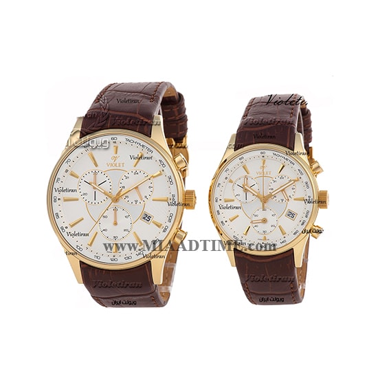 ساعت ویولت Violet زنانه کرنوگراف گرد چرمی طلایی صفحه سفید کد 0358/2L ساعت مچی زنانه بند چرمی