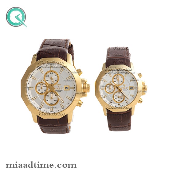 ساعت ویولت Violet زنانه کرنوگراف گرد چرمی طلایی صفحه سفید کد 0388/2L