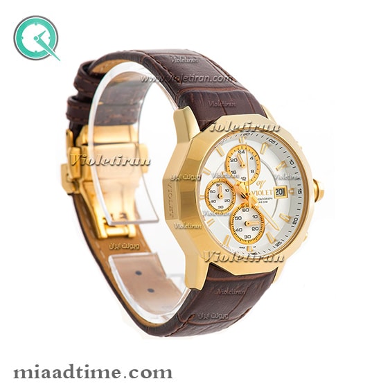 ساعت ویولت Violet زنانه کرنوگراف گرد چرمی طلایی صفحه سفید کد 0388/2L جدیدترین مدلهای ساعت مچی زنانه