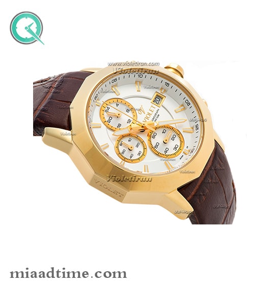 ساعت ویولت Violet زنانه کرنوگراف گرد چرمی طلایی صفحه سفید کد 0388/2L ساعت مچی زنانه شیک