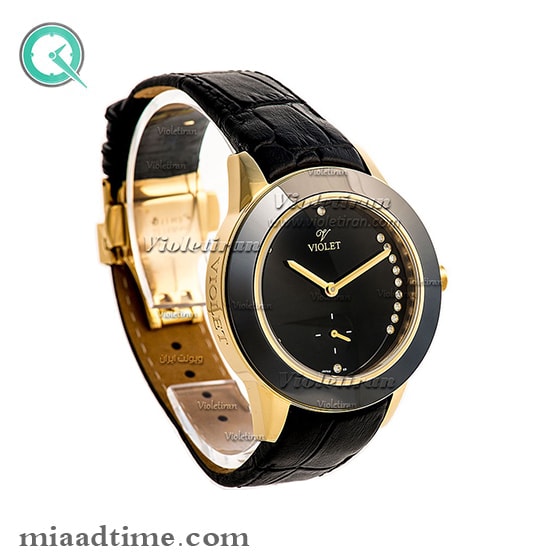 ساعت مچی ویولت Violet زنانه گرد زیر ثانیه سرامیکی با بند چرمی قاب طلایی مشکی صفحه مشکی کد 0364/2L جدیدترین مدل ساعت زنانه ویولت