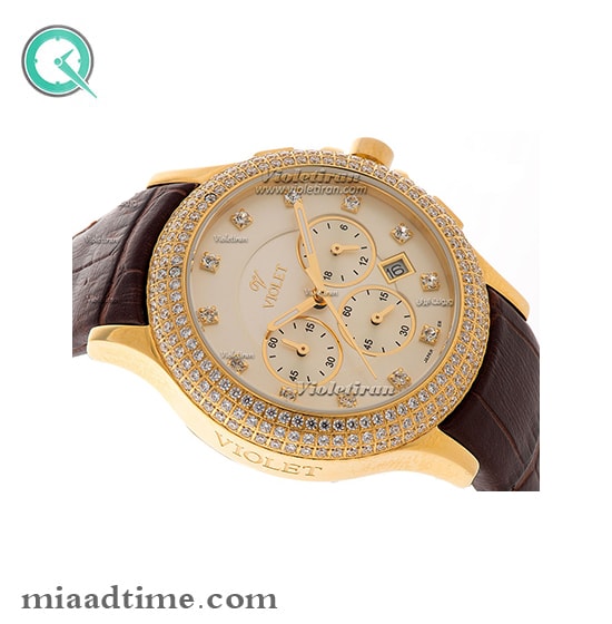 ساعت ویولت Violet زنانه کرنوگراف گرد نگین دار چرمی طلایی صفحه روشن کد 0381/2L ساعت مچی زنانه شیک