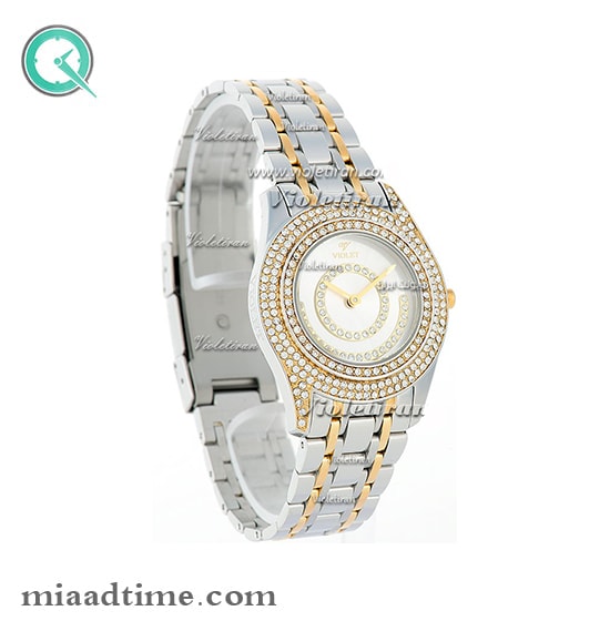 ساعت ویولت Violet زنانه گرد نگین دار فلزی دو رنگ صفحه سفید کد 0380/2L جدیدترین مدل ساعت زنانه ویولت