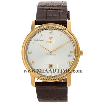 ساعت ویولت Violet مردانه کلاسیک گرد چرمی طلایی صفحه سفید شماره یونانی کد 0418/2G