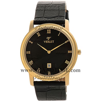 ساعت ویولت Violet مردانه کلاسیک گرد چرمی طلایی صفحه مشکی شماره یونانی کد 0418/2G