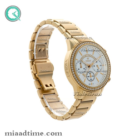 ساعت ویولت Violet زنانه کرنوگراف گرد فلزی طلایی صفحه سفید کد 0371 2L ساعت زنانه نگین دار ویولت
