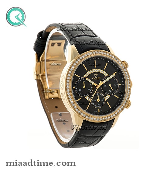 ساعت ویولت Violet زنانه کرنوگراف گرد بند چرمی صفحه سفید کد 0371/2L ساعت زنانه نگین دار ویولت