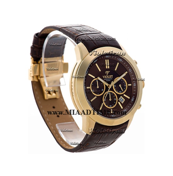 ساعت ویولت Violet مردانه کرنوگراف گرد چرمی طلایی صفحه قهوه ای کد 0408/2G خرید ساعت مچی شیک مردانه