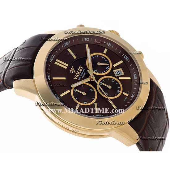 ساعت ویولت Violet مردانه کرنوگراف گرد چرمی طلایی صفحه قهوه ای کد 0408/2G جدیدترین مدل ساعت مچی مردانه ویولت