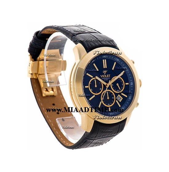 ساعت ویولت Violet مردانه کرنوگراف،گرد چرمی طلایی صفحه سرمه ای کد 0408/2L خرید ساعت مچی شیک مردانه