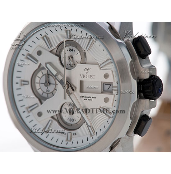 ساعت مچی ویولت زنانه کرنوگراف گرد چرمی استیل صفحه سفید مدل 0414L ساعت زنانه شیک و زیبا