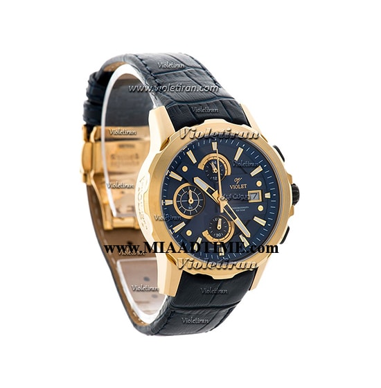 ساعت مچی ویولت زنانه کرنوگراف گرد چرمی طلایی صفحه سرمه ای مدل 0414/2L قیمت ساعت زنانه سه موتوره