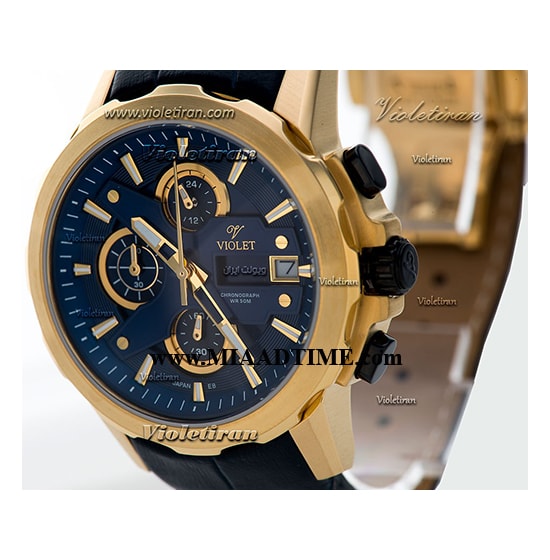 ساعت مچی ویولت زنانه کرنوگراف گرد چرمی طلایی صفحه سرمه ای مدل 0414/2L ساعت مچی زنانه شیک و مجلسی