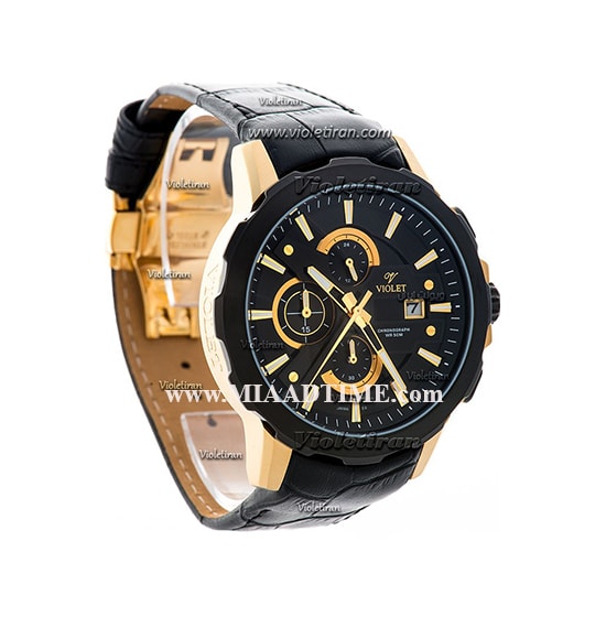 ساعت مچی ویولت مردانه کرنوگراف گرد چرمی طلایی مشکی صفحه مشکی مدل 0414/2G ساعت مردانه سه موتوره بند چرم