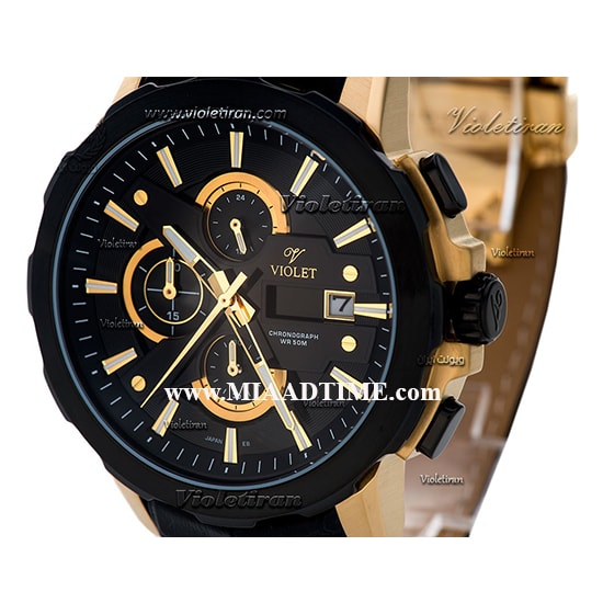 ساعت مچی ویولت مردانه کرنوگراف گرد چرمی طلایی مشکی صفحه مشکی مدل 0414/2G ساعت مردانه اسپرت بند چرم