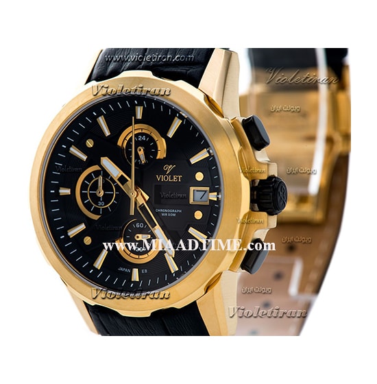 ساعت مچی ویولت زنانه کرنوگراف گرد چرمی طلایی صفحه مشکی مدل 0414/2L ساعت مچی زنانه صفحه گرد