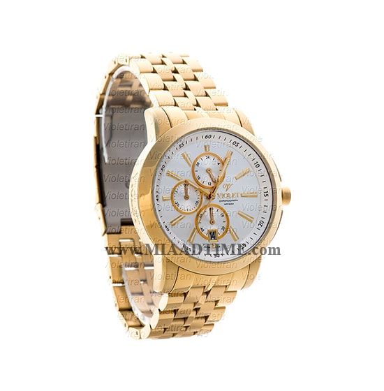 ساعت ویولت Violet مردانه کرنوگراف گرد فلزی طلایی صفحه سفید مدل 0409/2G ساعت مچی مردانه استیل طلایی