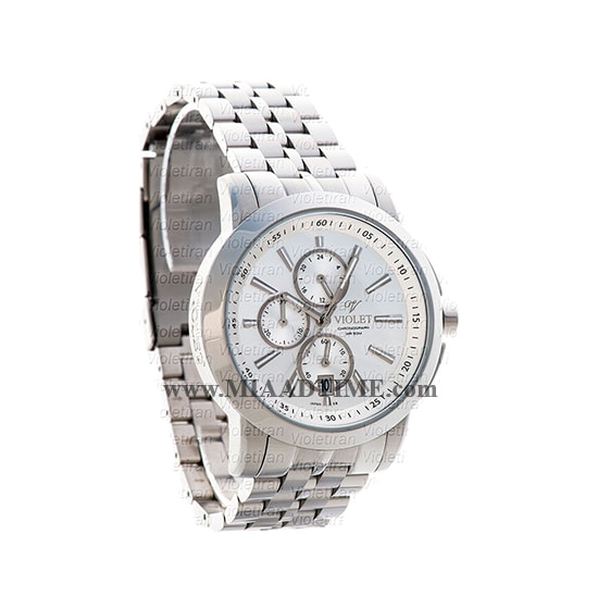ساعت ویولت Violet مردانه کرنوگراف گرد فلزی استیل صفحه سفید مدل 0409G ساعت مچی مردانه استیل طلایی