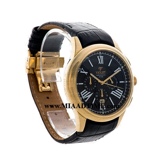 ساعت ویولت Violet مردانه اسپرت گرد چرمی طلایی صفحه مشکی کد 0401/2G قيمت ساعت ويولت مردانه