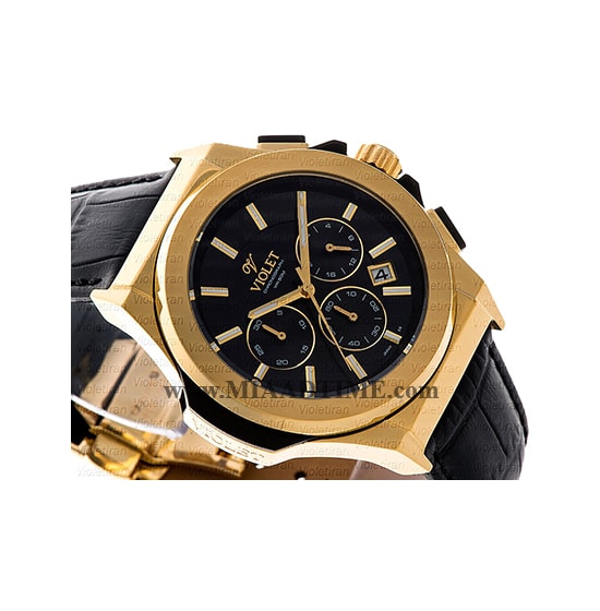 ساعت مچی ویولت مردانه کرنوگراف گرد بند چرم طلایی صفحه مشکی مدل 0452/2G قيمت ساعت مچي مردانه ويولت