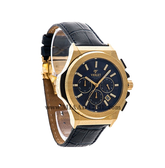 ساعت مچی ویولت مردانه کرنوگراف گرد بند چرم طلایی صفحه سرمه ای مدل 0452/2G ساعت مچی ویولت بند چرمی