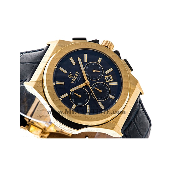ساعت مچی ویولت مردانه کرنوگراف گرد بند چرم طلایی صفحه سرمه ای مدل 0452/2G قیمت ساعت مچی مردانه مارک ویولت