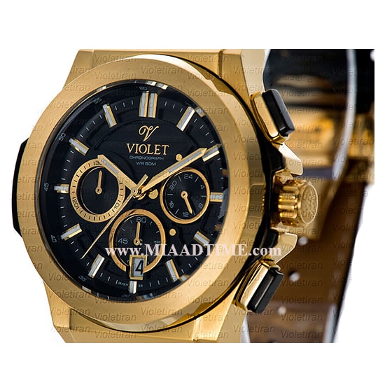 ساعت مچی ویولت مردانه کرنوگراف گرد بند چرم طلایی صفحه مشکی مدل 0451/2G ساعت مچی ویولت بند چرمی