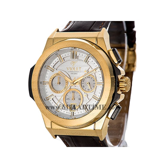 ساعت مچی ویولت مردانه کرنوگراف گرد بند چرم طلایی صفحه سفید مدل 0451/2G ساعت مچی ویولت بند چرمی